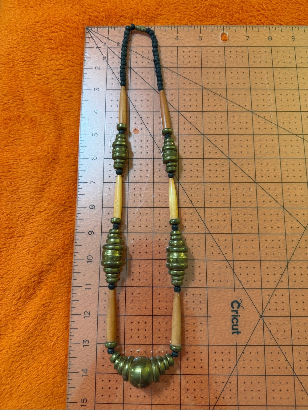 Vintage Tribal Brass Tone Bead Necklace Long Bone Look Boho Ethnic Statement